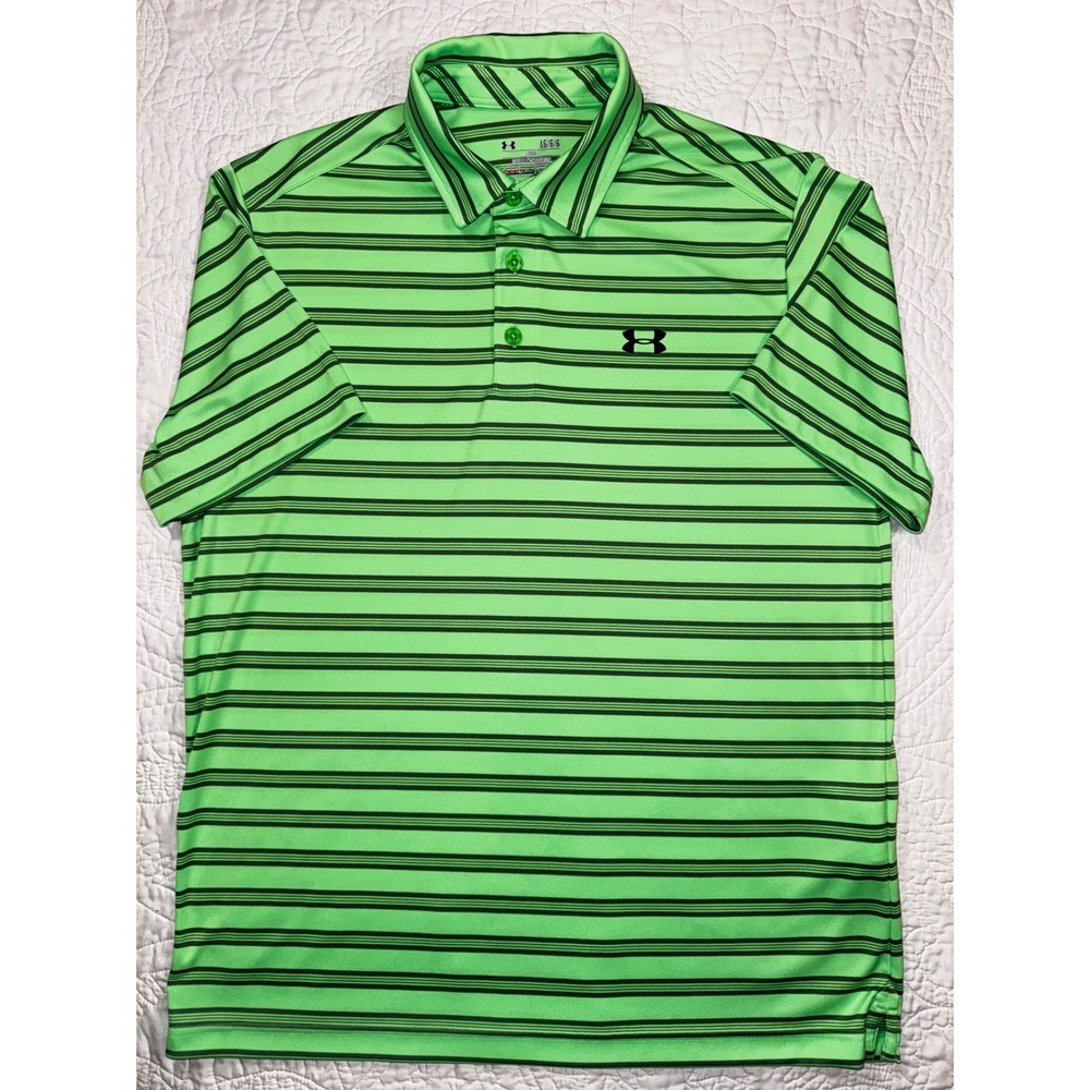 Under Armour Mens HeatGear Polo Shirt Large Green Striped Loose Fit Short S